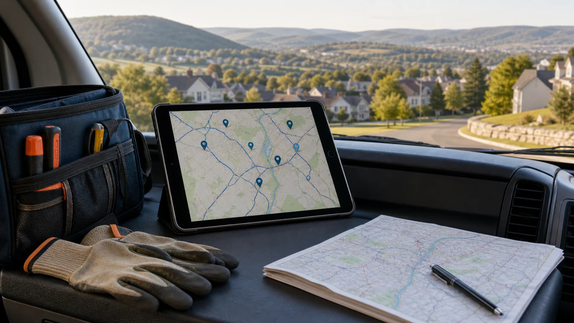 A service-area route map and contractor tools overlooking the Lehigh Valley.