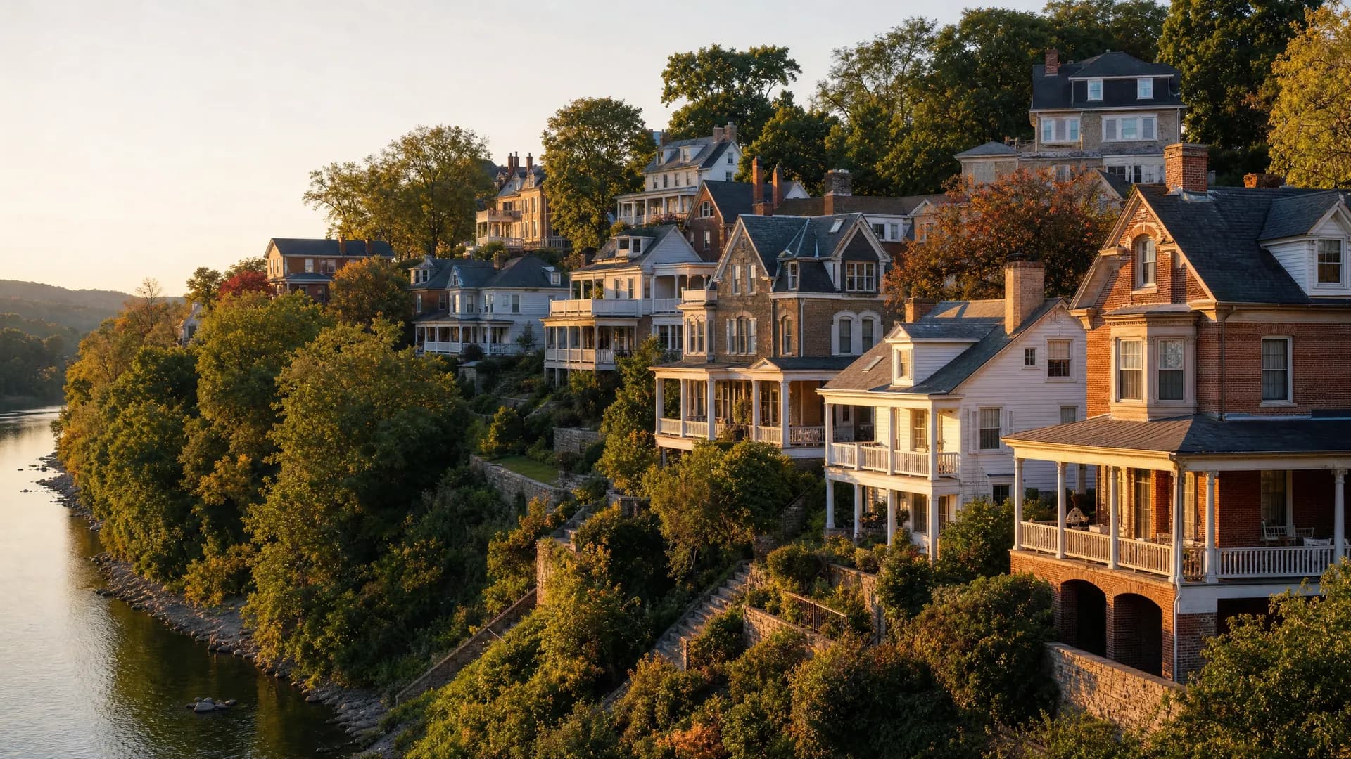 Hillside rivertown homes stepping up a leafy slope in Easton, PA, served by Conrad General Contracting.