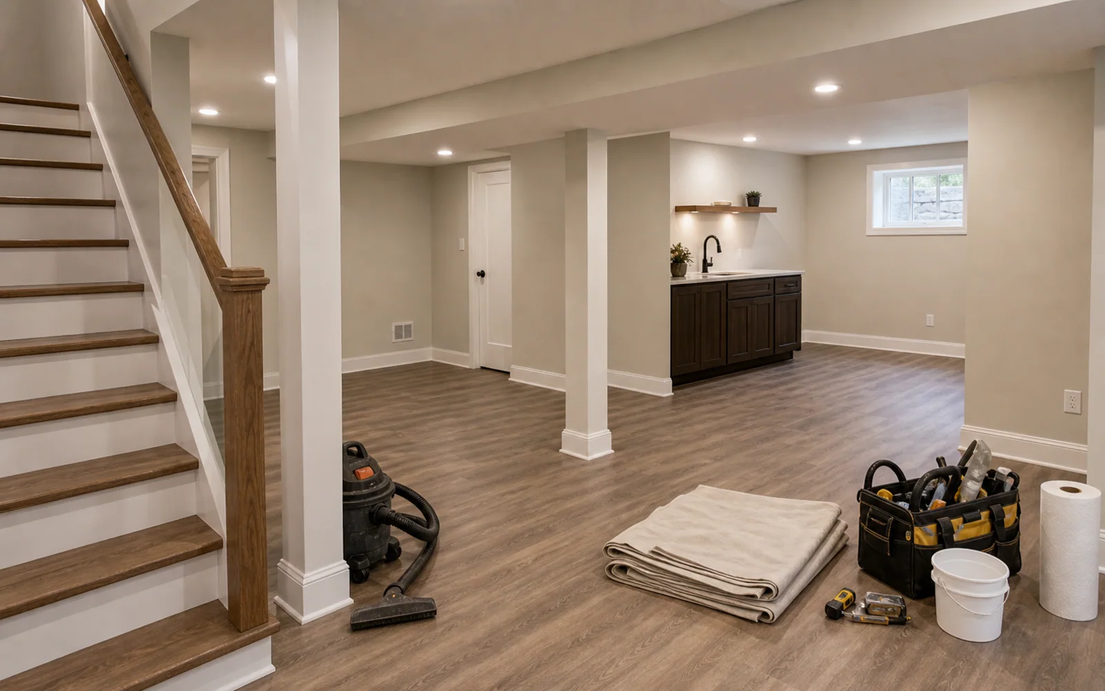 Finished basement with improved lighting, flooring, and comfortable finishes