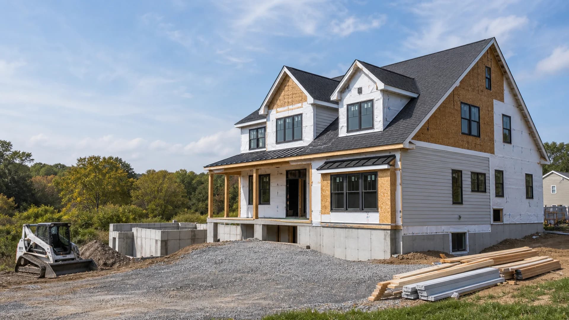Custom home build with foundation, exterior envelope, and organized site work in a Pennsylvania setting.