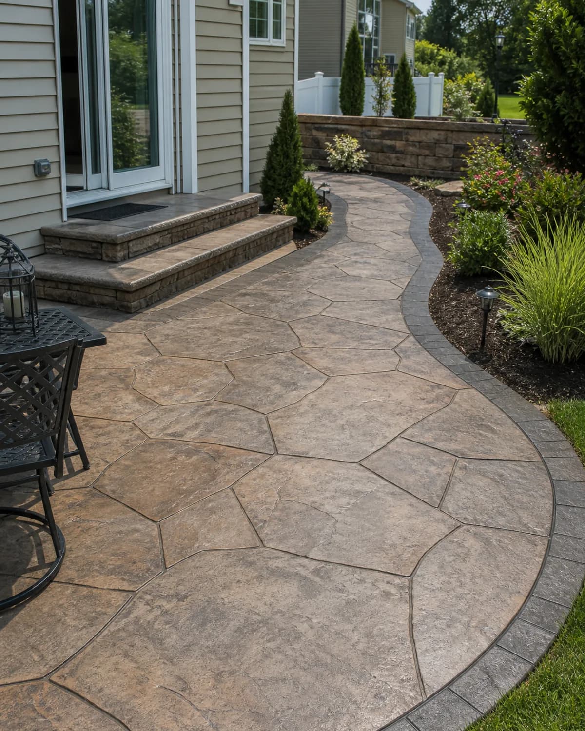 Stamped concrete patio or walkway with natural pattern, clean borders, color variation, and residential outdoor context