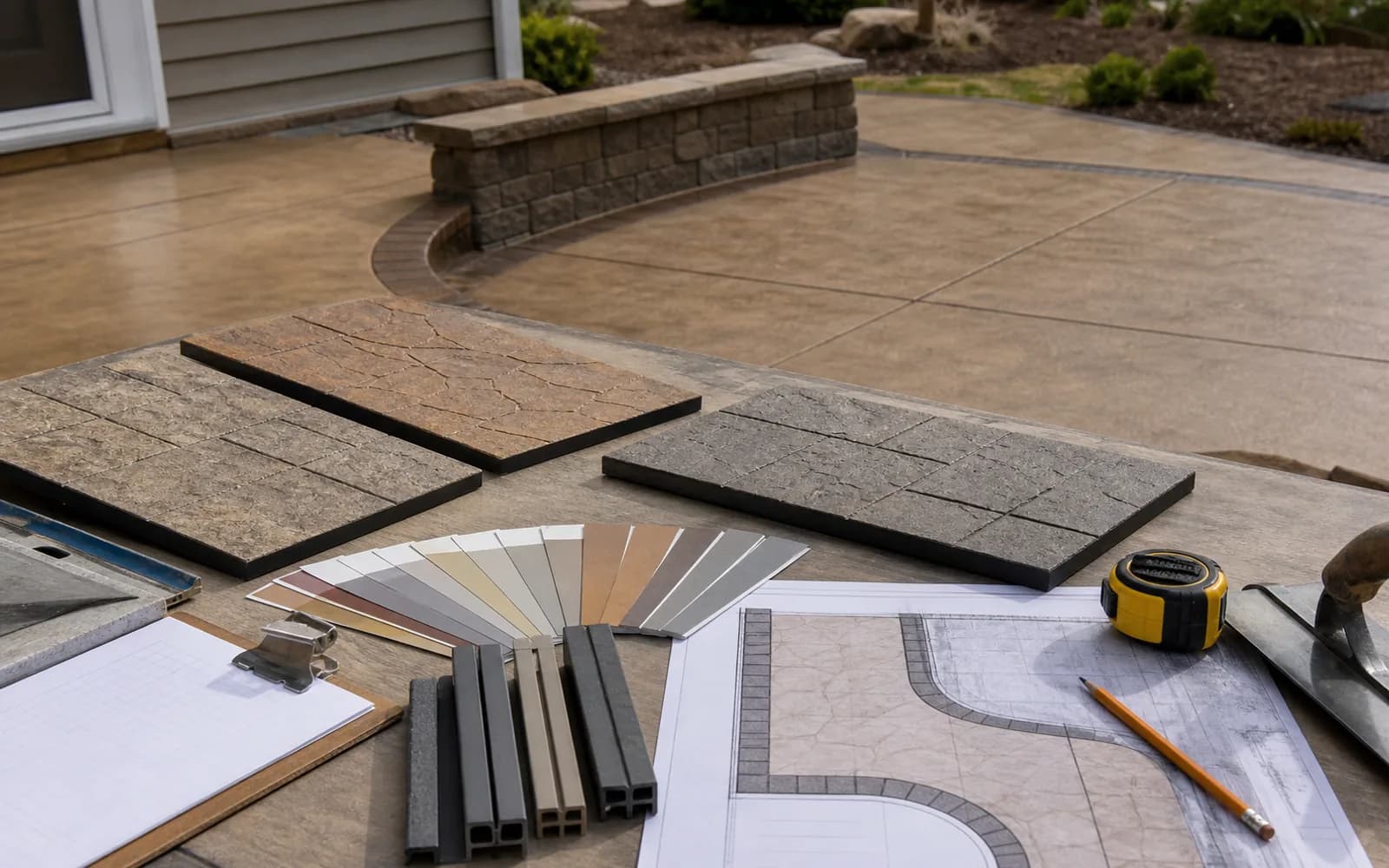 Decorative concrete planning materials for pattern, color, border layout, and expansion-joint selection