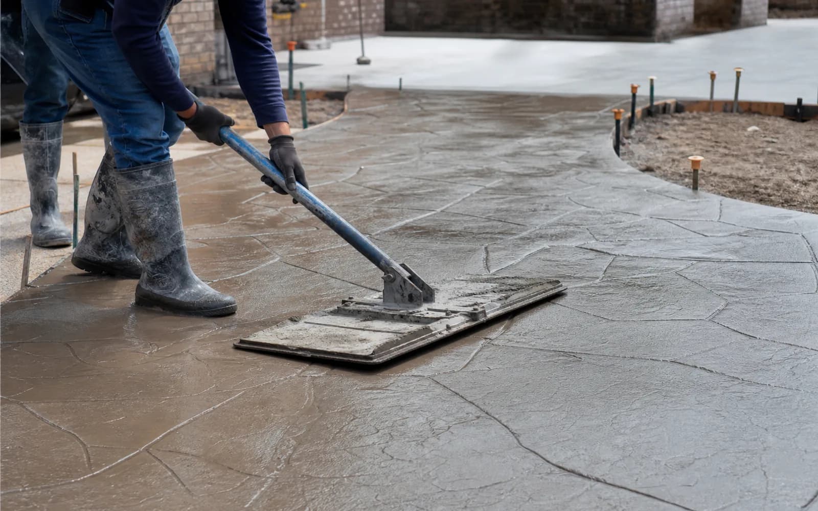 Decorative concrete stamping and finishing process with realistic wet concrete, tools, edging, and safe workmanship