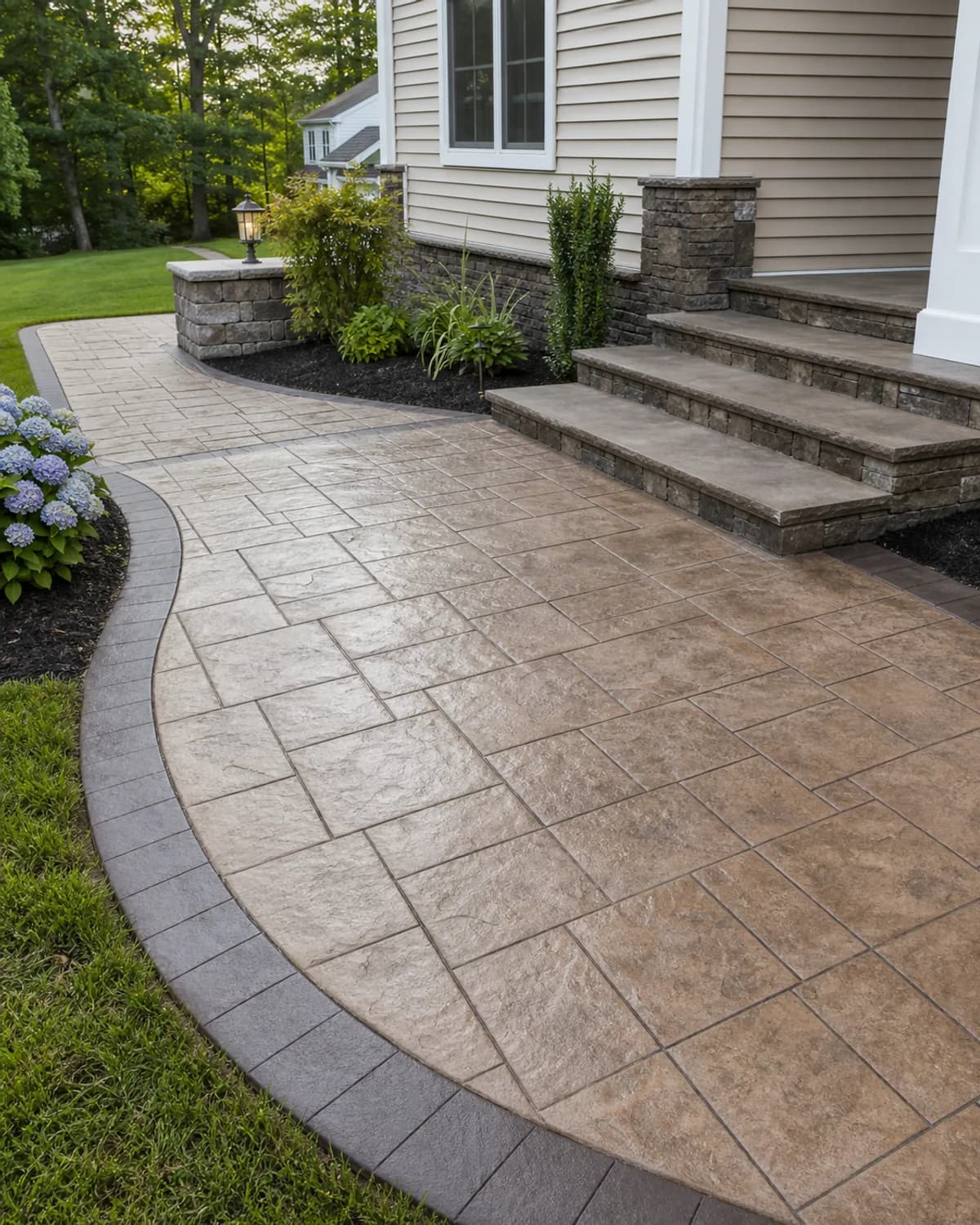 Finished decorative stamped concrete with pattern, color depth, border, clean joints, sealed protection, and tidy residential site context