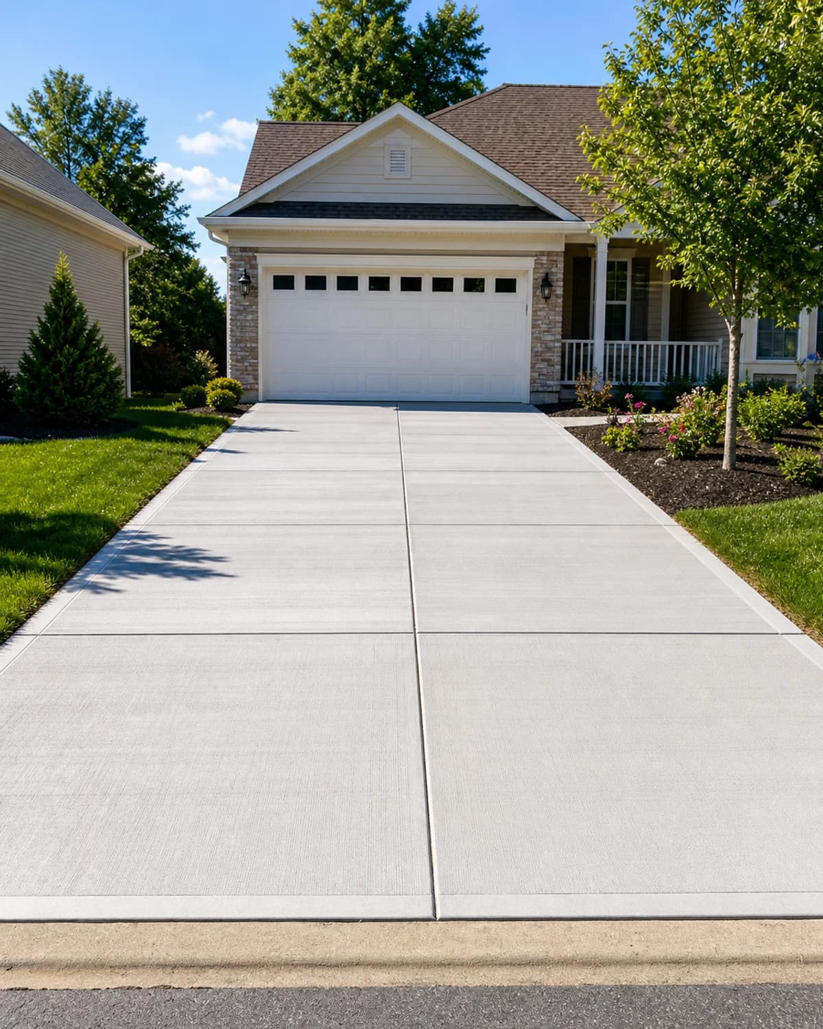 Finished concrete driveway with clean control joints, garage transition, apron, straight edges, and drainage slope