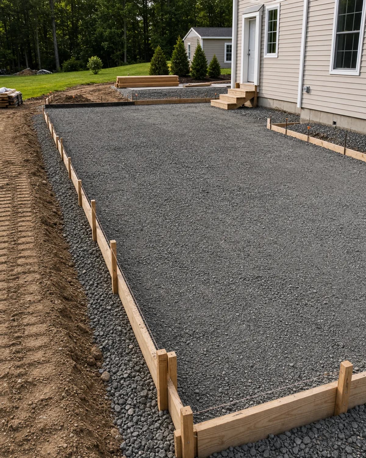 Graded site ready for concrete, driveway, slab, pad, or foundation work with clean access and organized staging