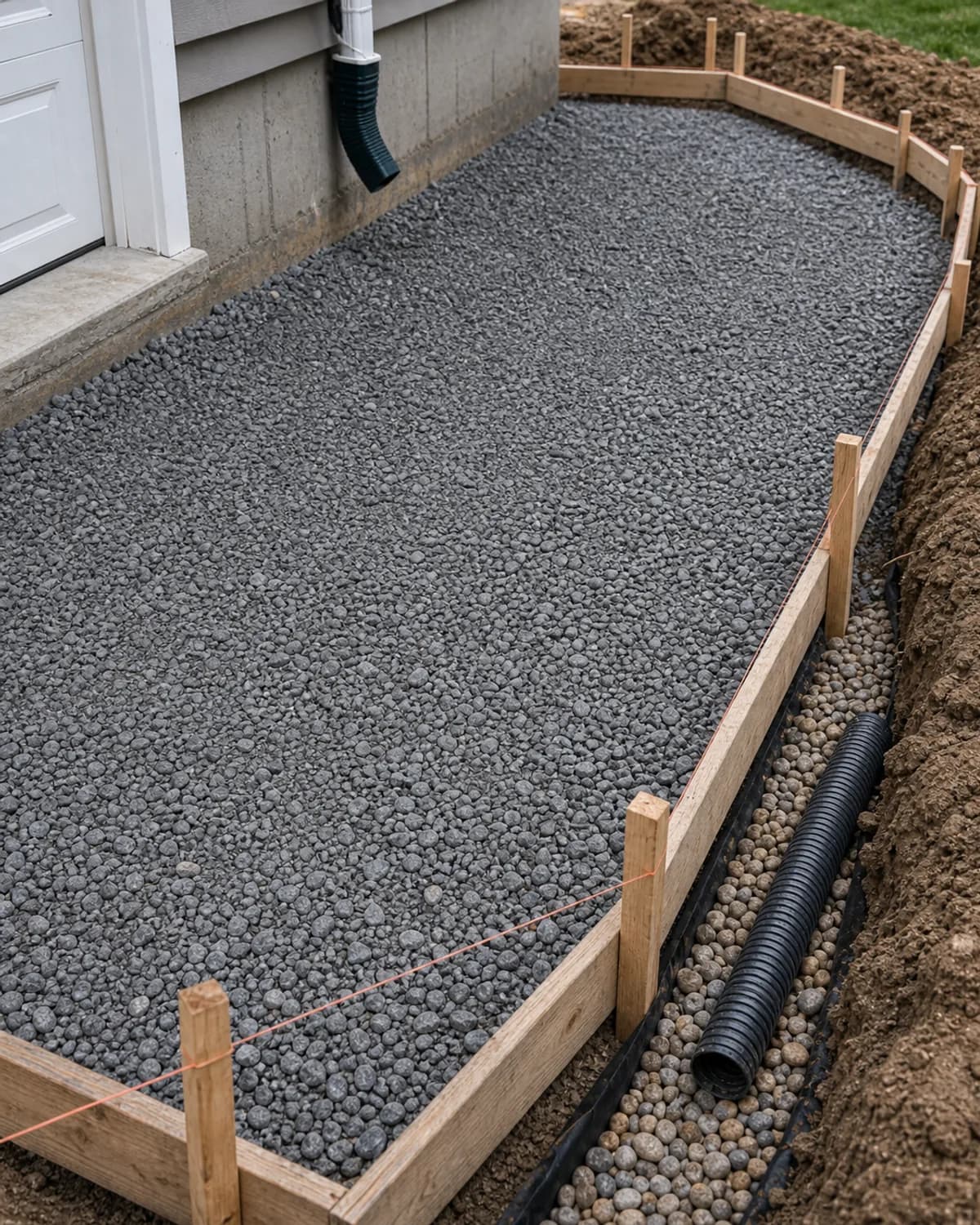 Compacted stone base, drainage, trench, forms, and final grade detail before concrete placement