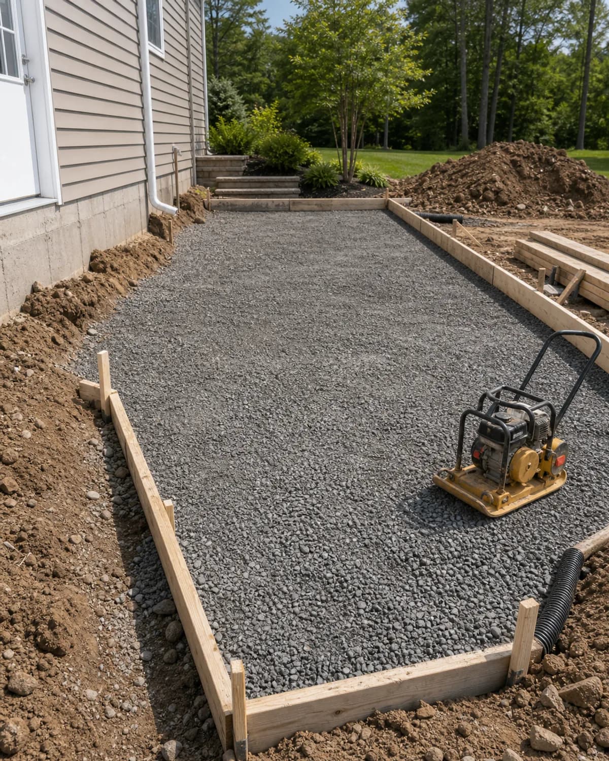 Clean prepared site with controlled excavation, grading, base preparation, and professional contractor organization