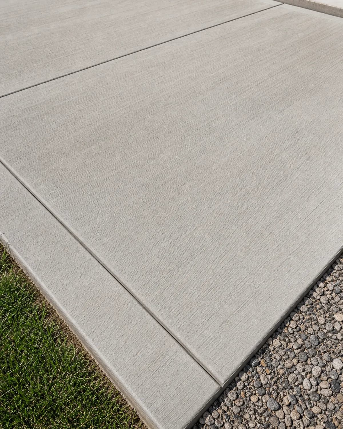Finished concrete slab or flatwork surface with clean edges, control joints, broom finish, drainage, and realistic texture