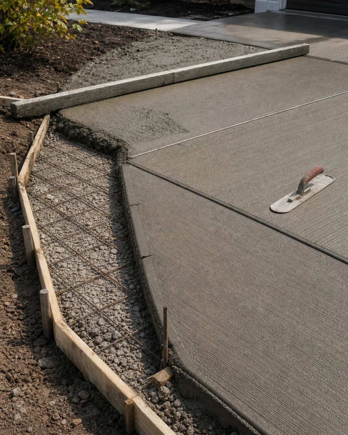 Concrete flatwork detail with forms, reinforcement, control joints, edging, and broom-finish texture