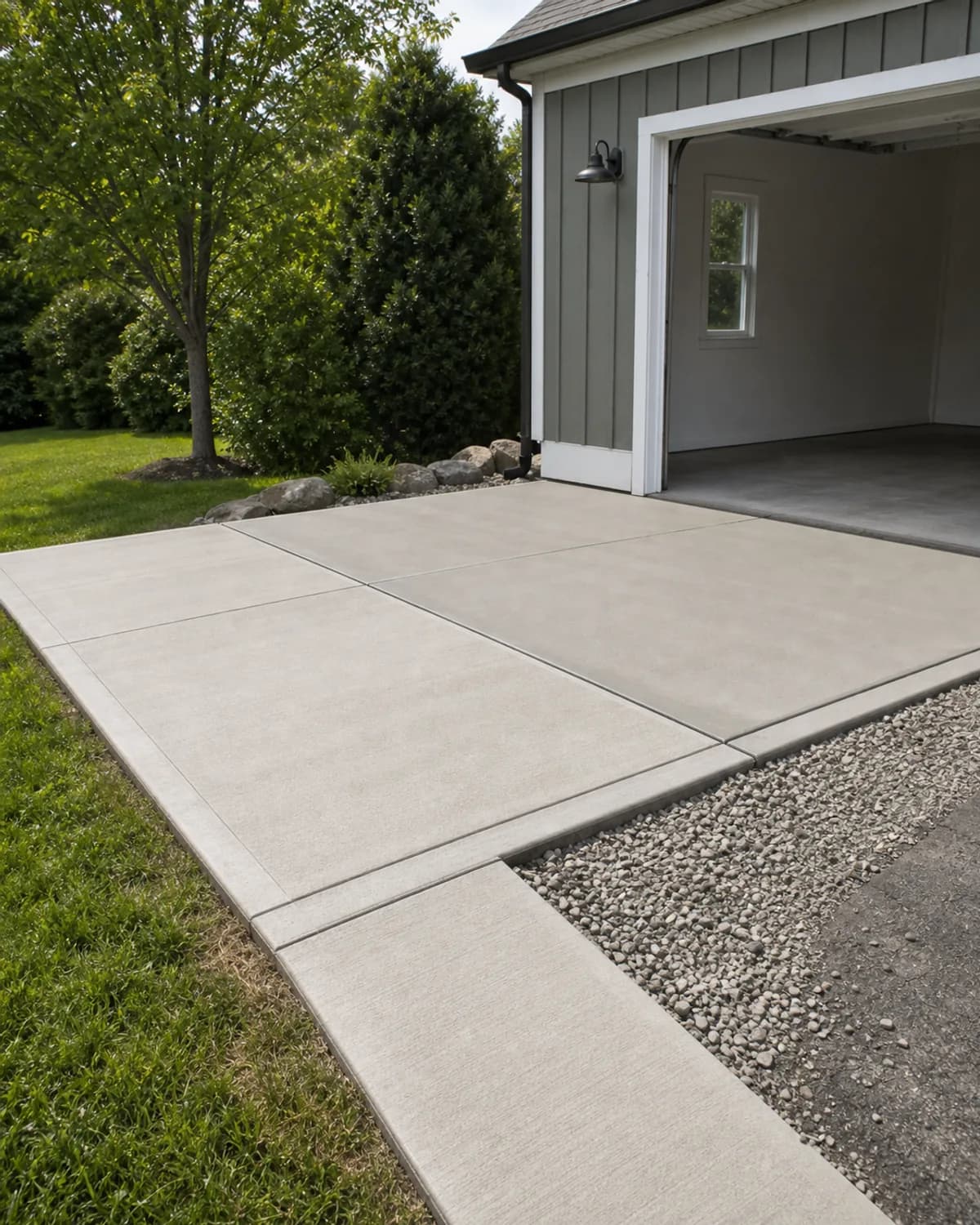 Finished garage slab, utility pad, sidewalk panel, or walkway flatwork with straight lines and practical finish