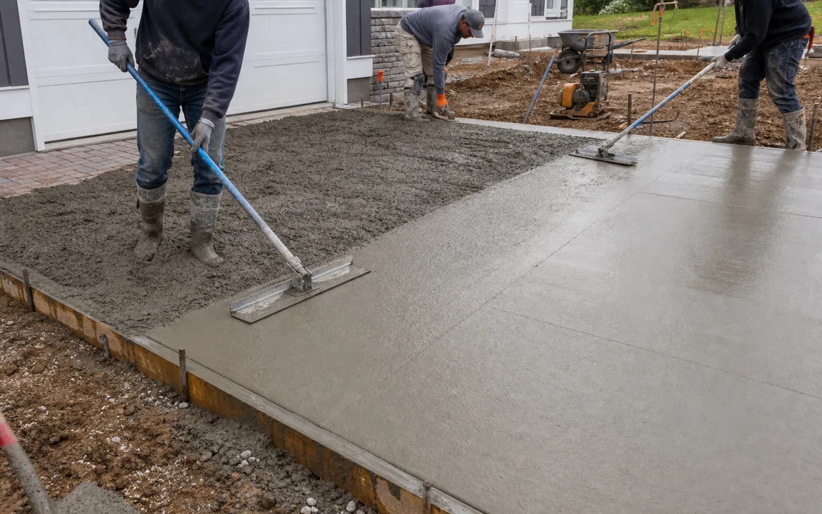 Concrete flatwork pour and finishing progress with screed, trowel, float, edge work, and safe organized work