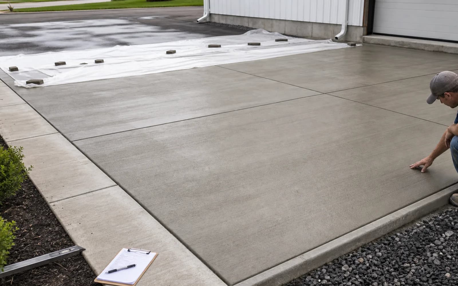 Concrete flatwork control joints, curing, cleanup, and final surface check after installation