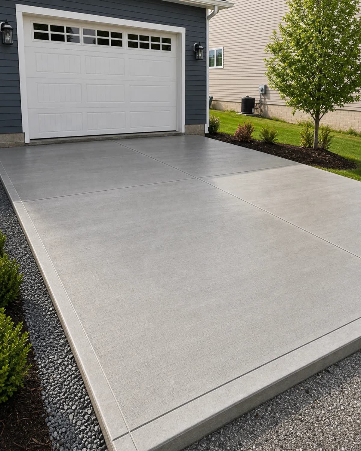 Smooth durable concrete flatwork with realistic finish quality, clean joints, edges, drainage-aware transitions, and practical site context