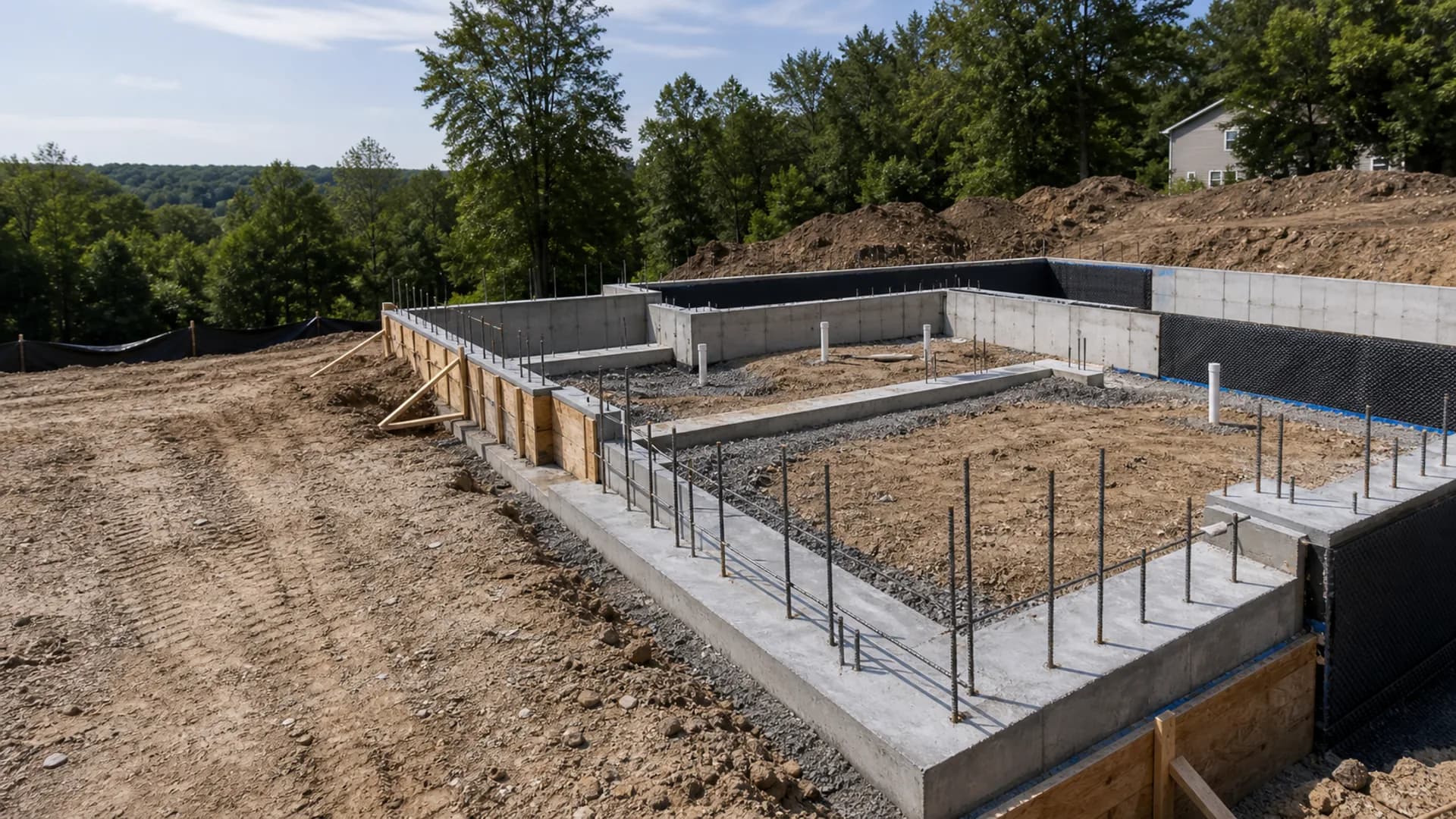 Concrete foundations and footers with excavation, forms, rebar, anchor bolts, straight lines, and inspection-ready site organization.