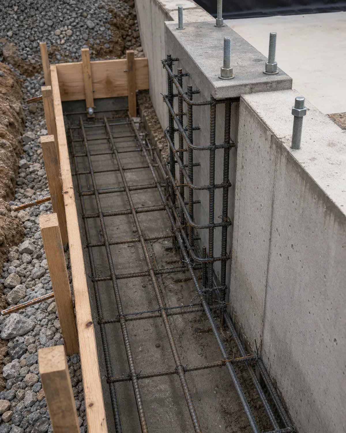Foundation detail with rebar, anchor bolts, footing, formwork, wall, and credible structural concrete detail