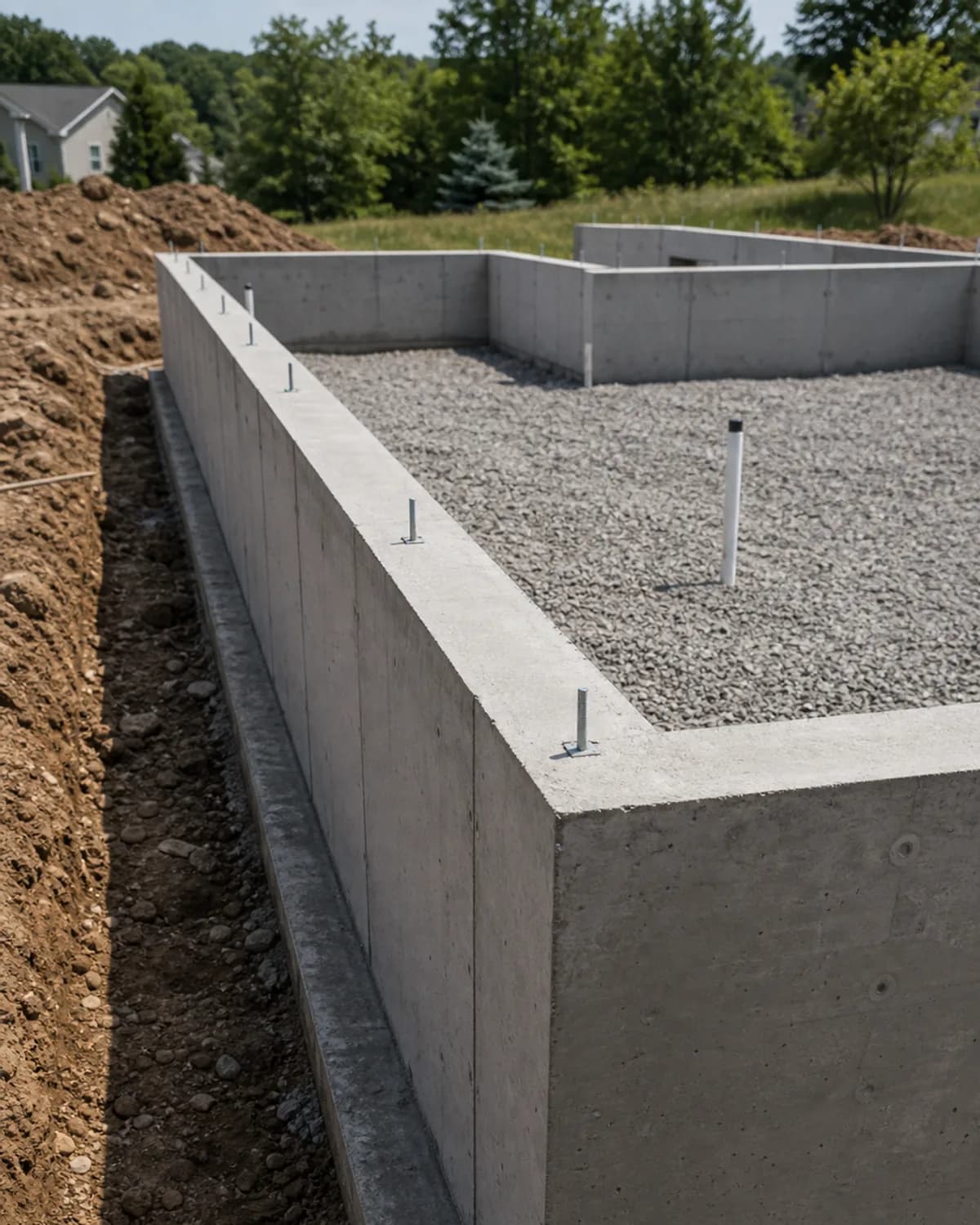 Poured foundation or footer with credible site conditions, clean lines, and realistic concrete finish