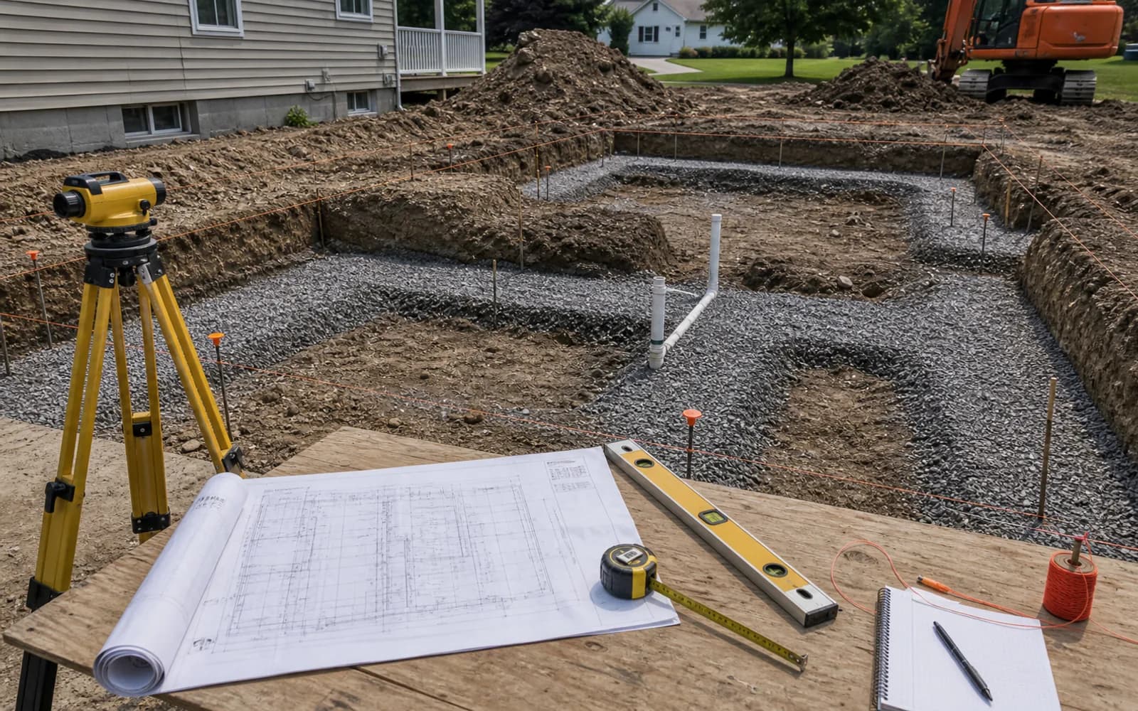 Foundation excavation, layout, depth, drainage, inspection planning, tools, and unreadable plans before pour