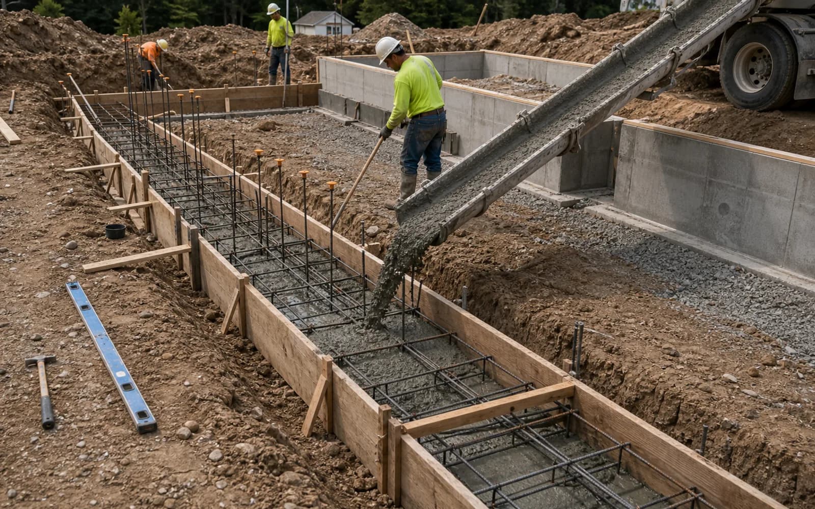 Foundation formwork, rebar placement, concrete placement, or footer pour in progress with safe organized work