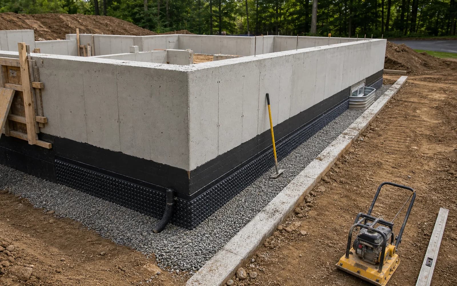 Foundation forms stripped with waterproofing prep, cleanup, grading, and inspection-ready finish