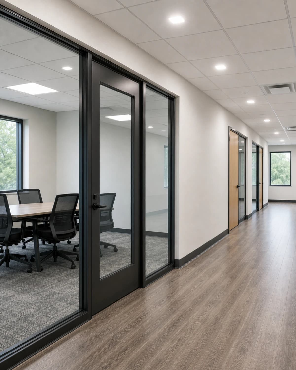 Office buildout detail with glass partition, doorway, ceiling grid, lighting, trim, and durable flooring