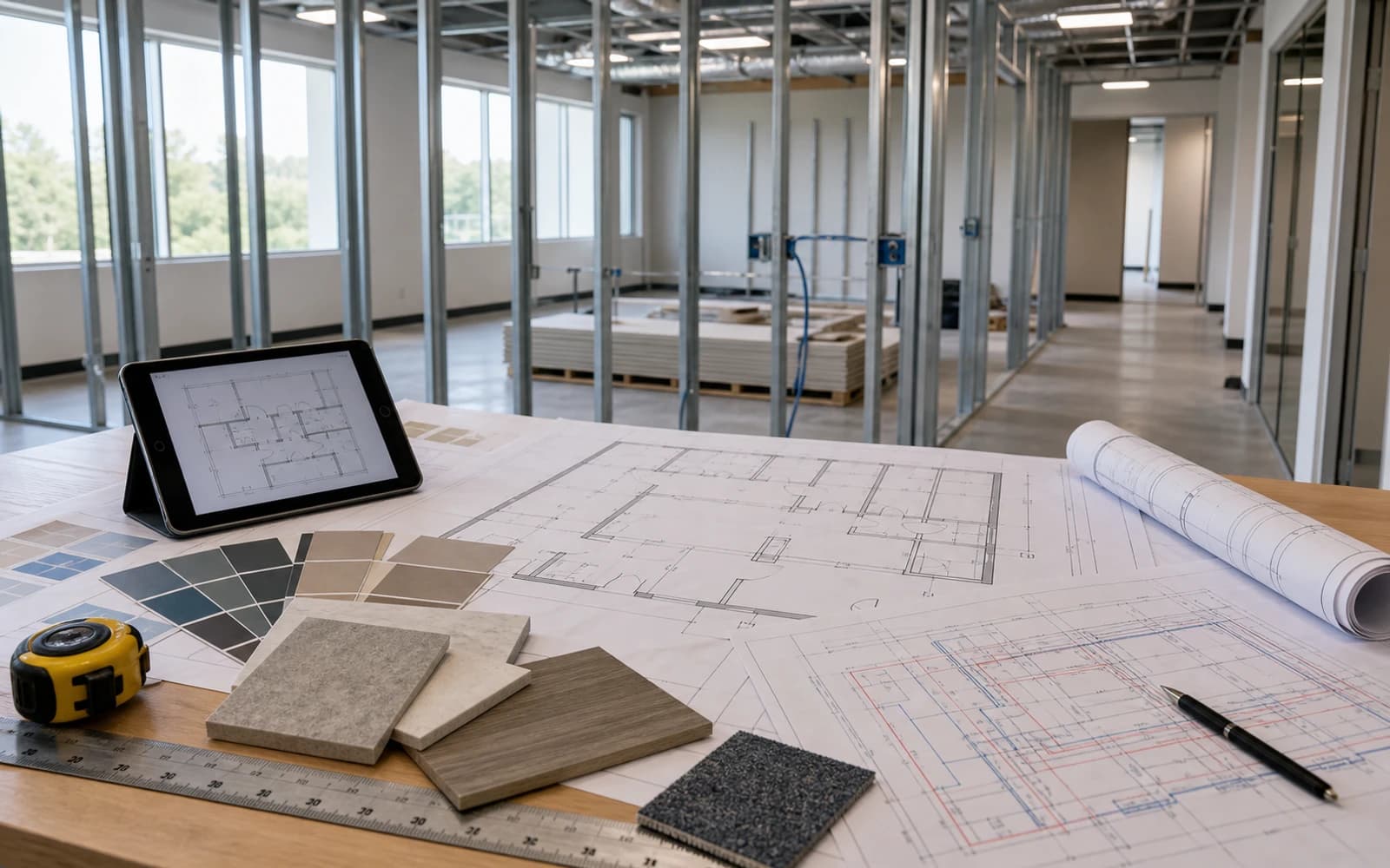 Office layout review with partition locations, finish samples, tools, plans, and utility coordination