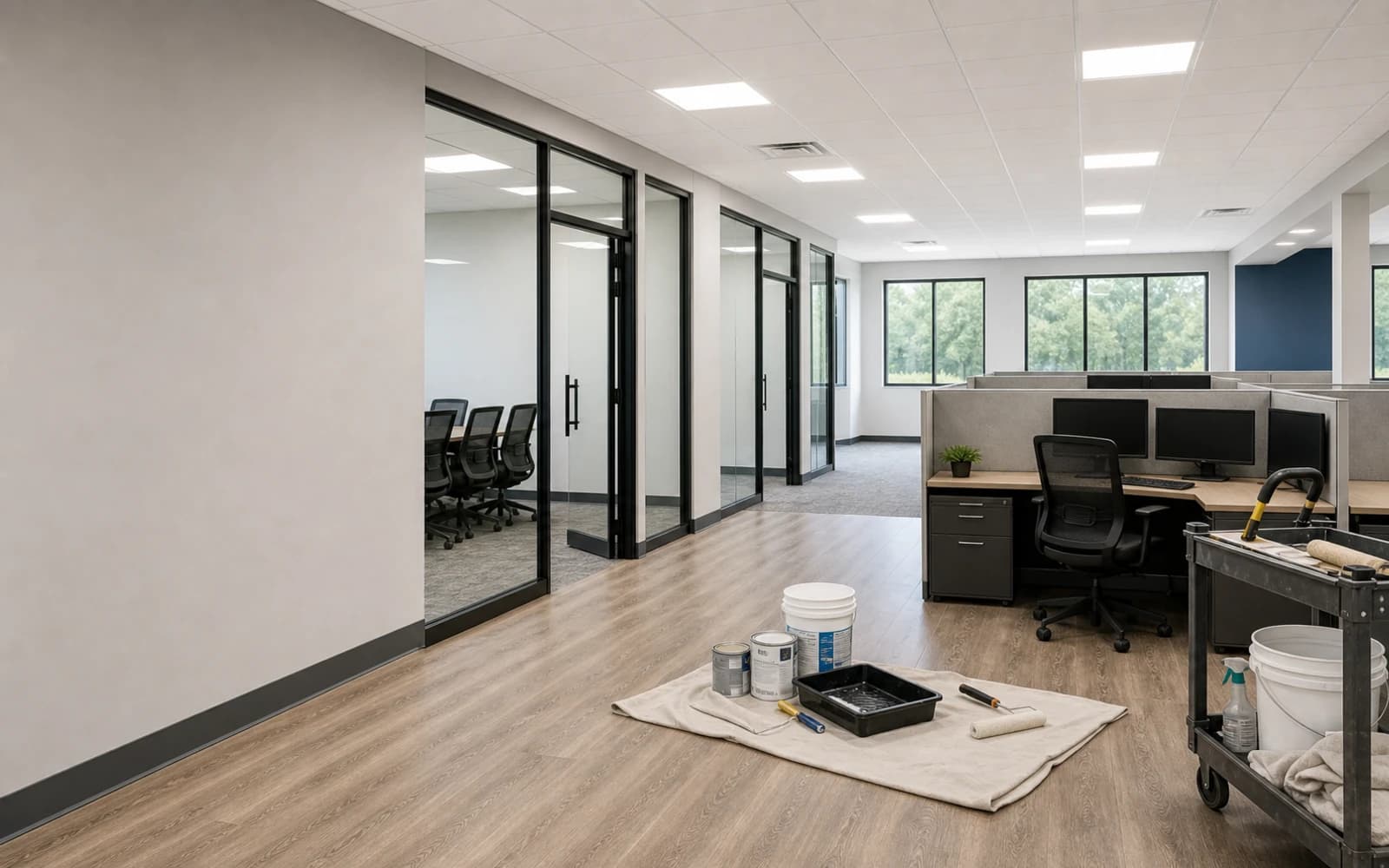 Final office buildout work with lighting, durable flooring, cleanup, and workstation-ready finish