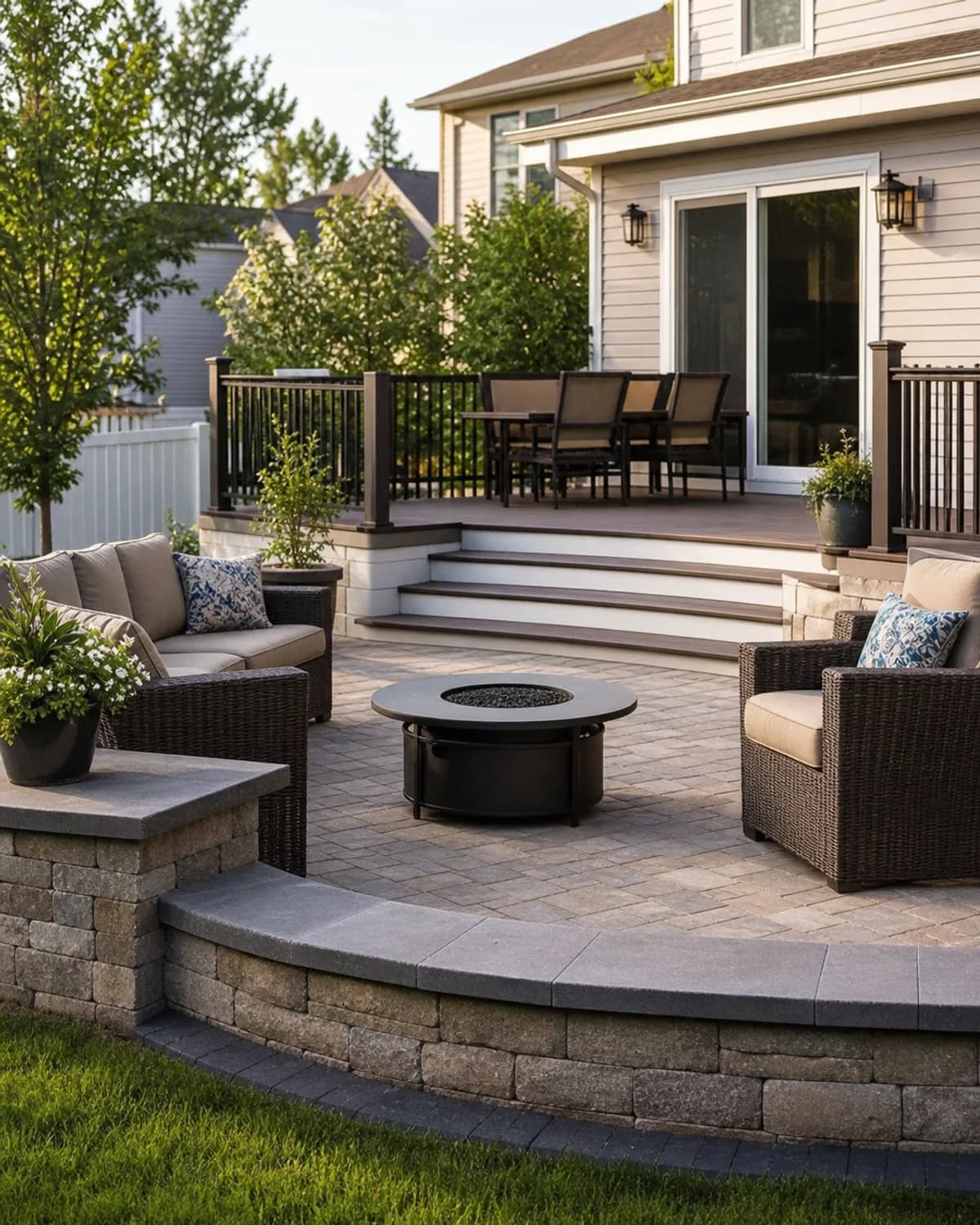 Outdoor living patio and deck seating area connected to a home