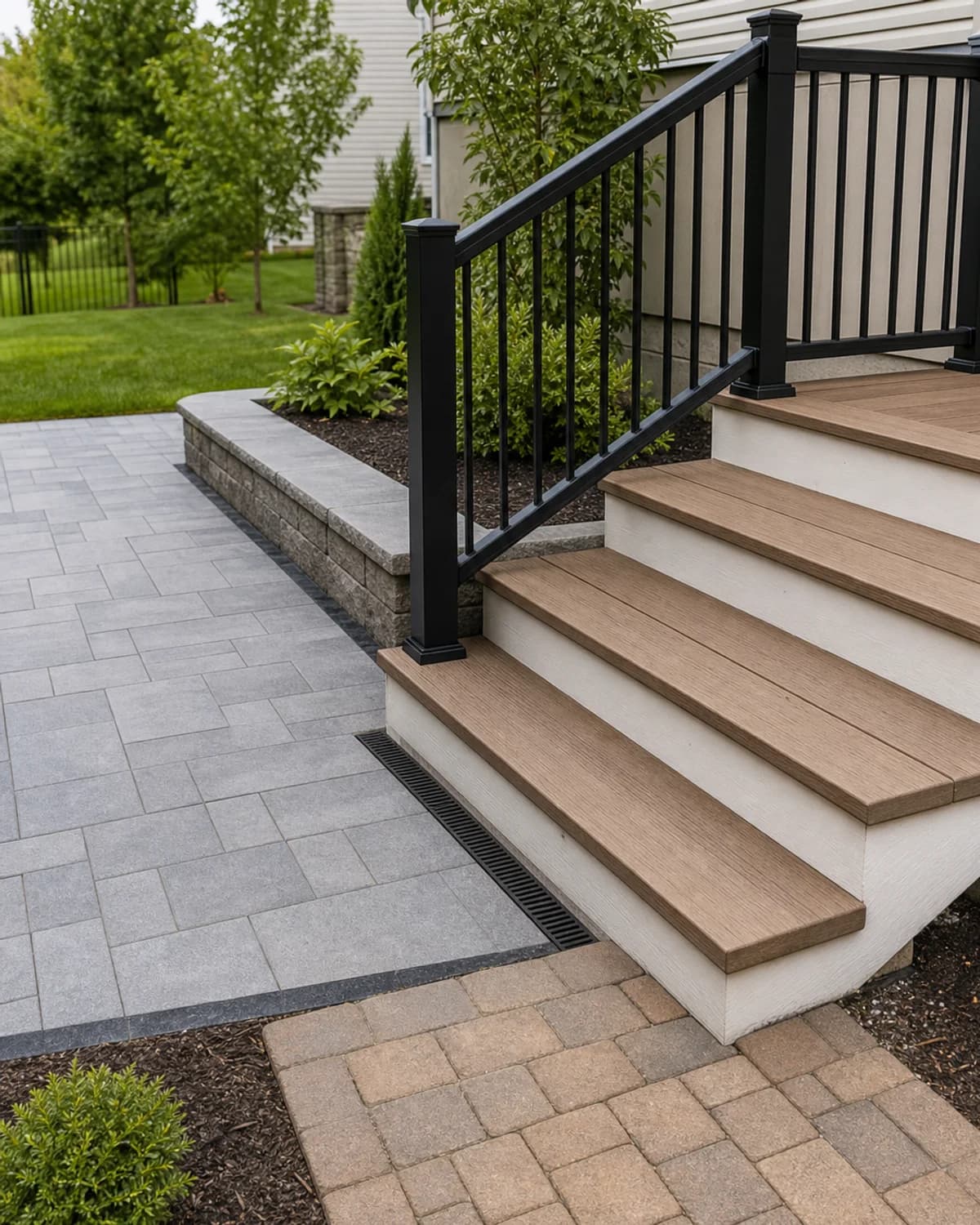 Outdoor living steps, railings, walkway, and surface transitions