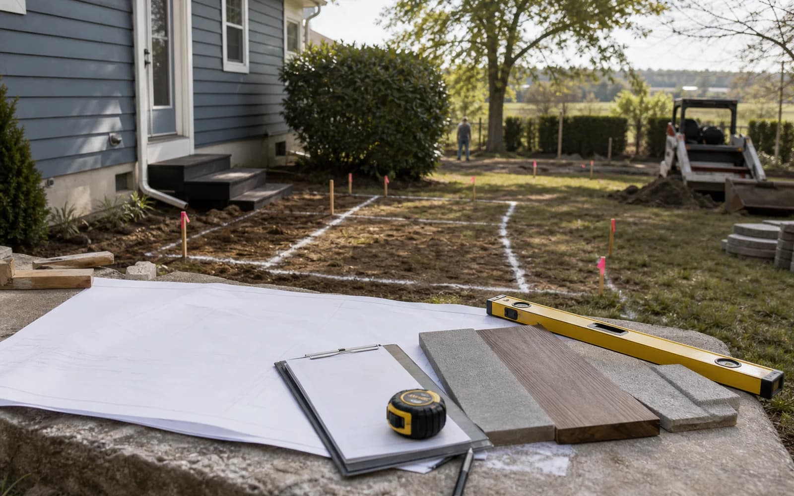 Outdoor living planning scene with layout materials and backyard access