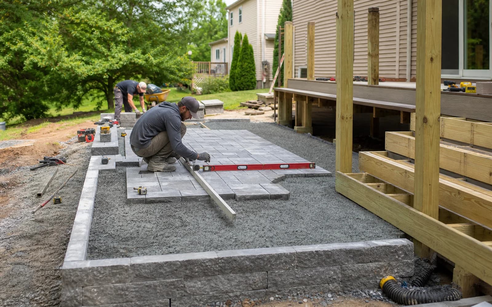 Outdoor living hardscape and deck installation in progress