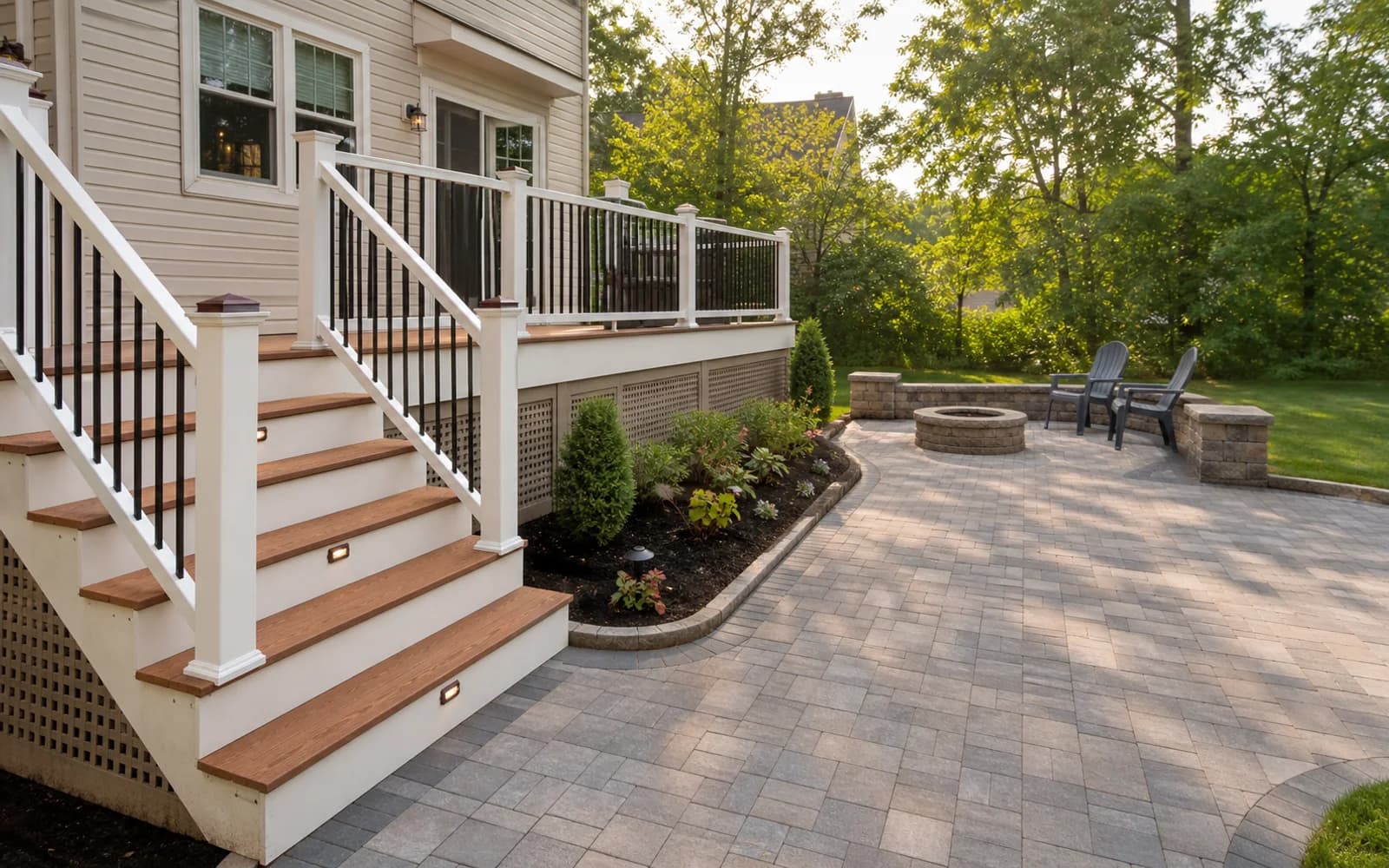Finished outdoor living patio and deck area ready for use