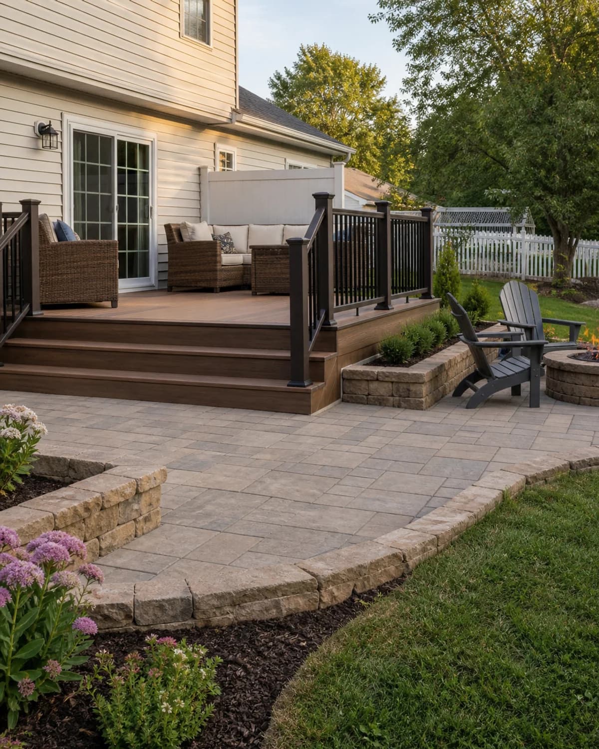 Completed outdoor living area with deck, patio, steps, and backyard seating