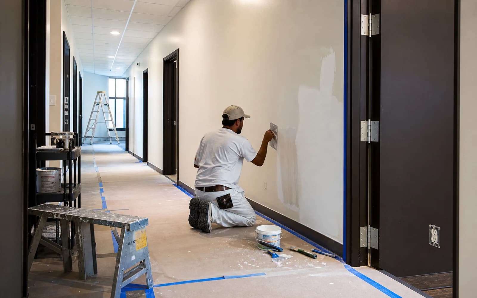 Commercial property repair and maintenance work in progress with organized materials and protected finishes