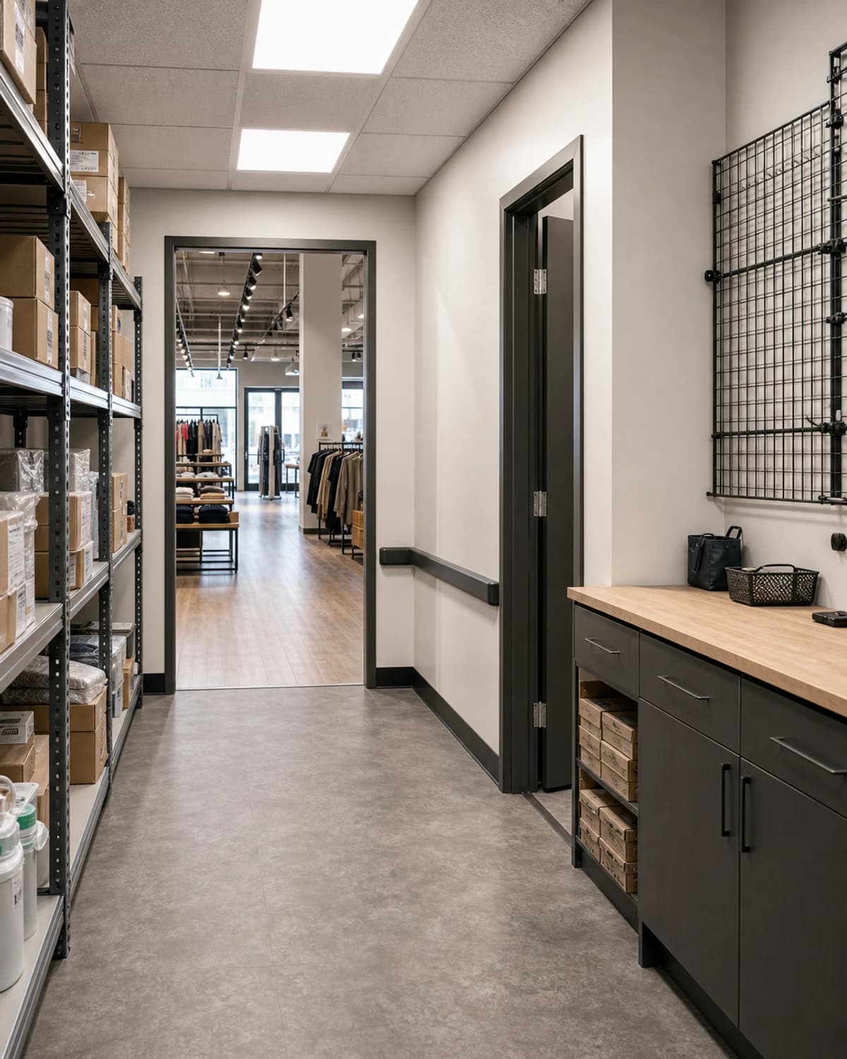 Back-of-house and customer-flow area after retail fitout work with durable practical finishes