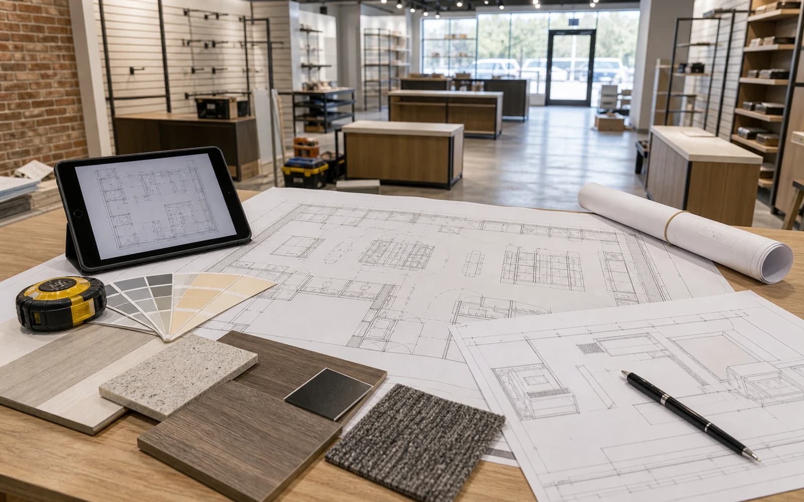 Retail layout and customer-flow review with finish samples, tools, and simple plans
