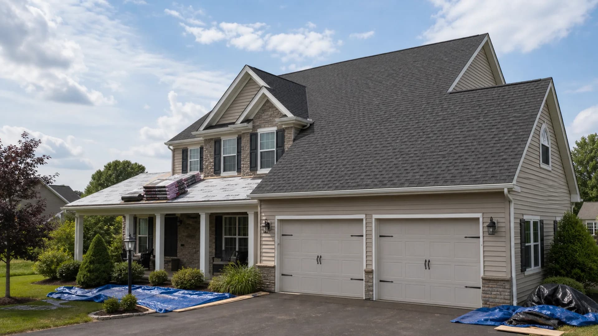 Residential roof replacement with asphalt shingles, staged materials, and property protection.