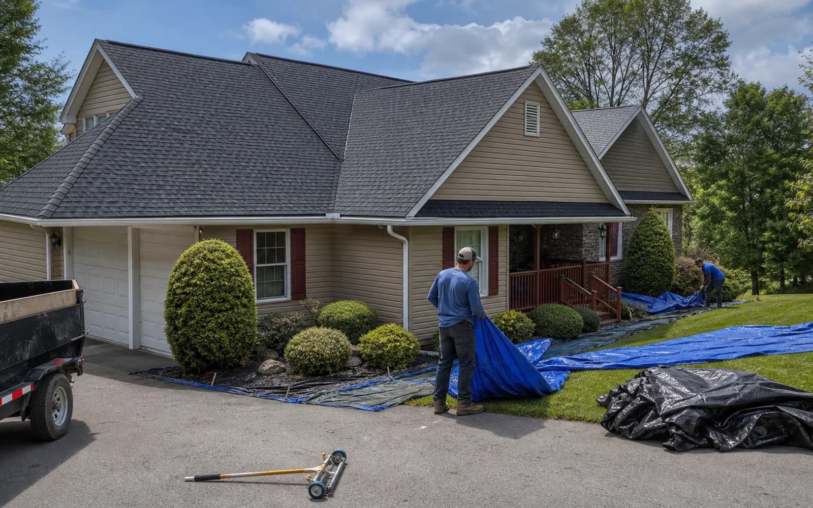 Final roofing cleanup with tarps, nail sweep, and protected landscaping