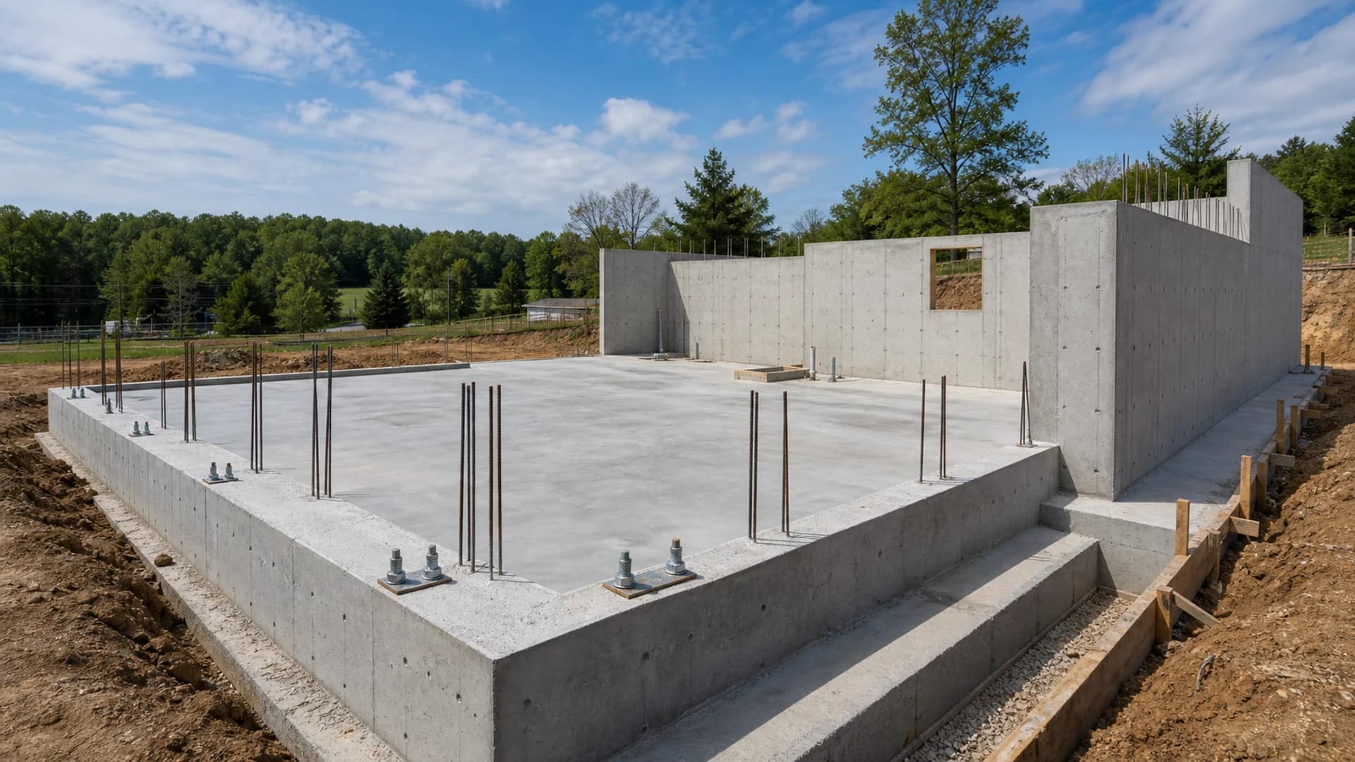 Structural concrete work with reinforcement, slabs, walls, grade beams, footings, anchor bolts, engineered support, forms, and inspection-ready details.