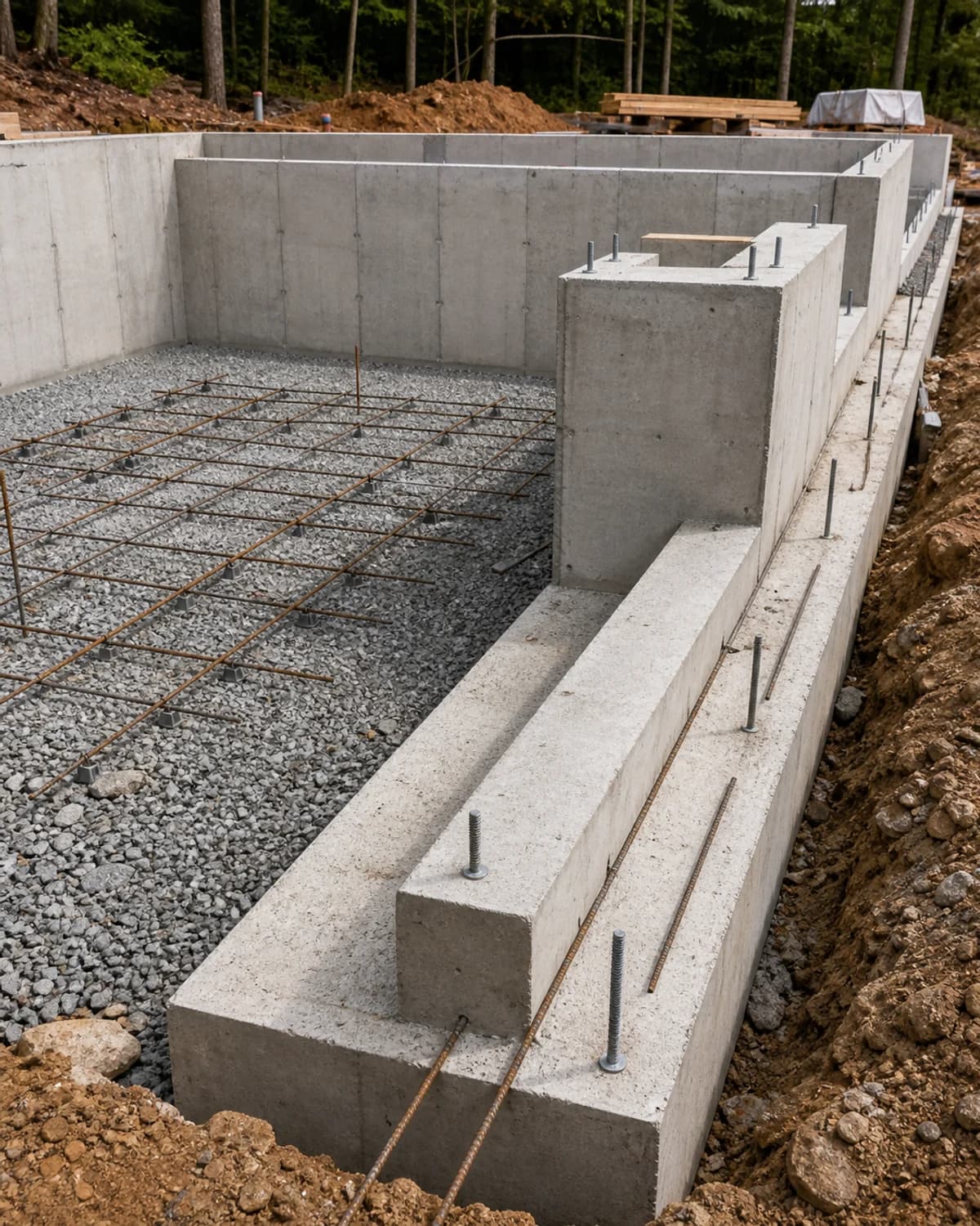 Reinforced slab, wall, footing, grade beam, or structural concrete element with clean forms and straight lines