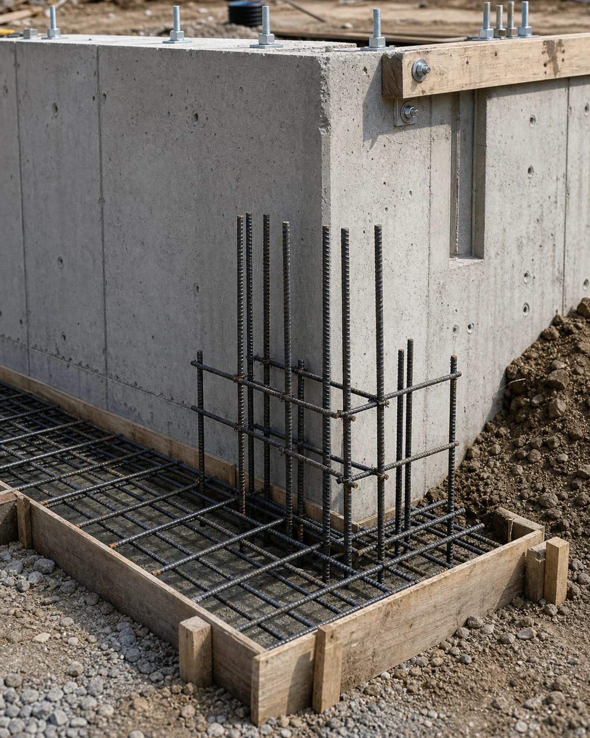 Structural concrete detail with rebar grid, anchor bolts, forms, wall, beam, footing, and reinforcement