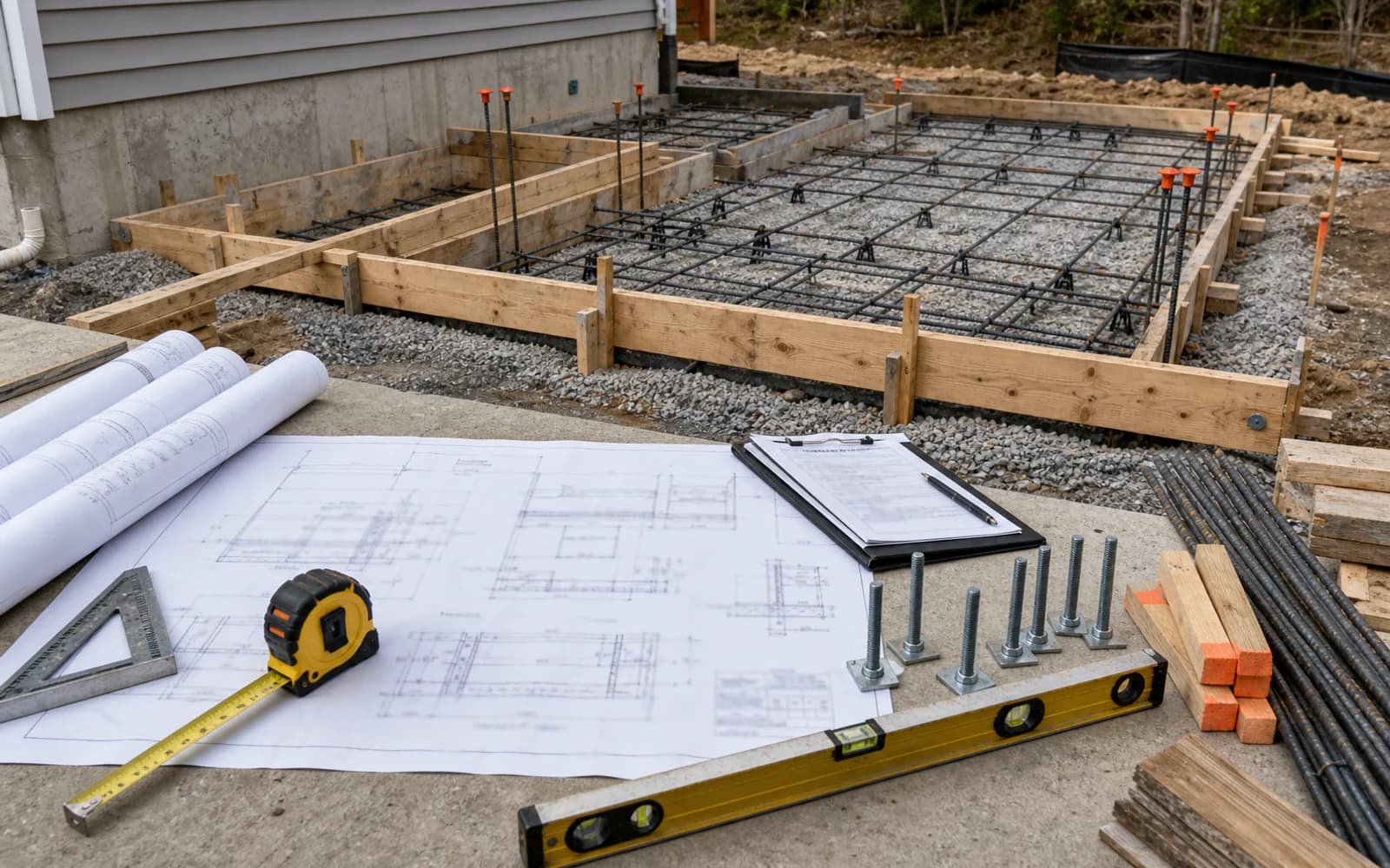 Structural scope, layout, reinforcement, forms, inspection planning, and tools with unreadable drawings