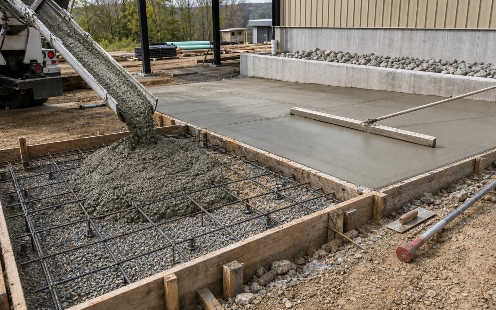 Formwork, rebar, concrete placement, screed, structural pour, and engineered support work in progress