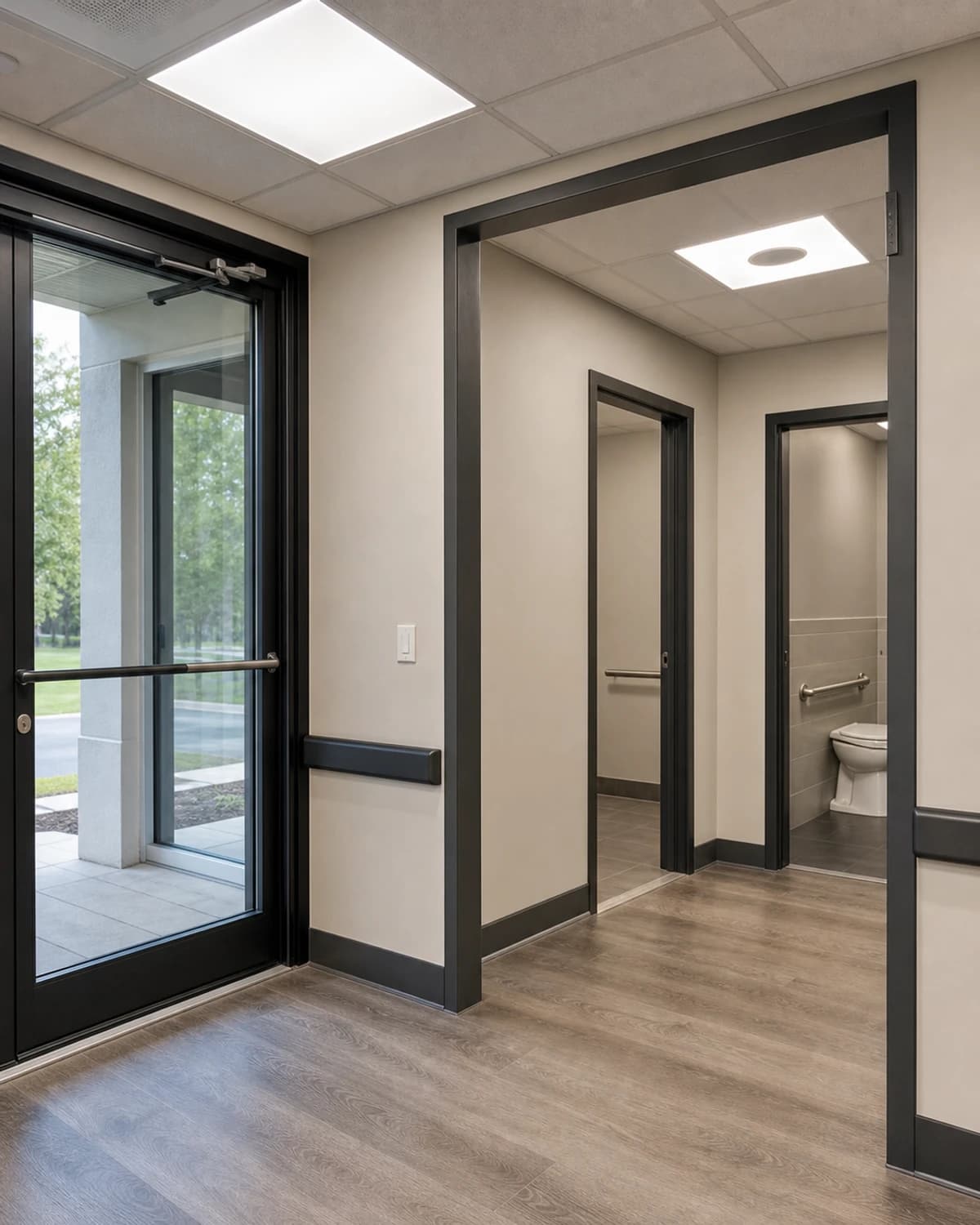 Accessible commercial corridor and doorway finish detail with durable flooring, lighting, and clearances