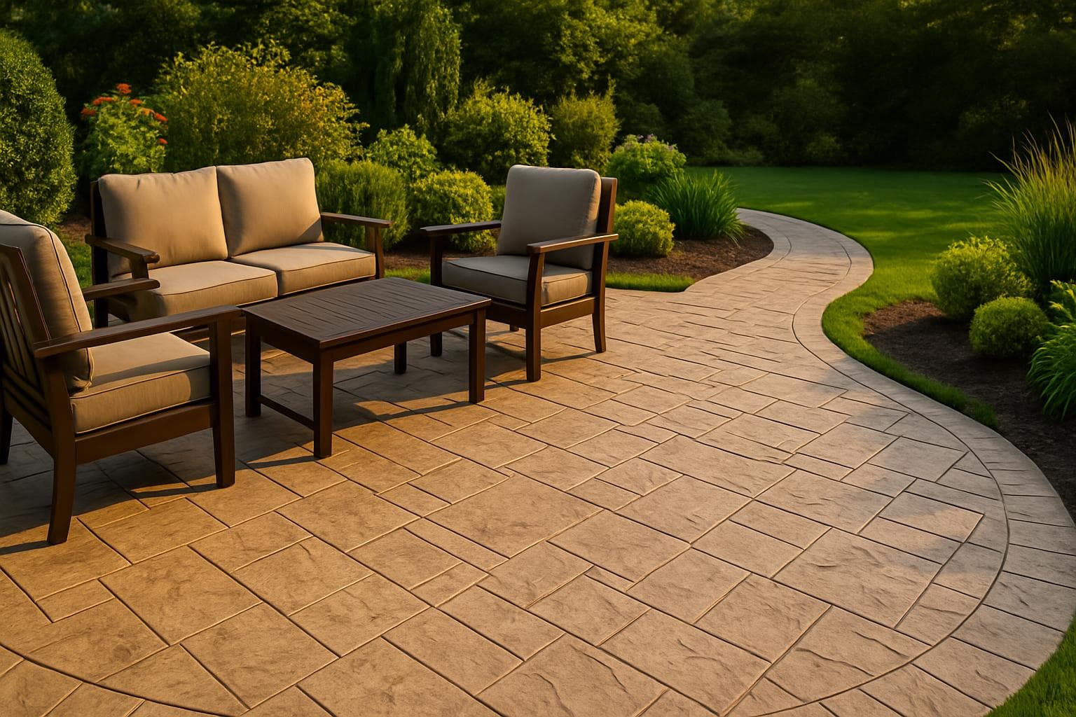 Decorative stamped concrete patio with custom patterns installed by Conrad General Contracting