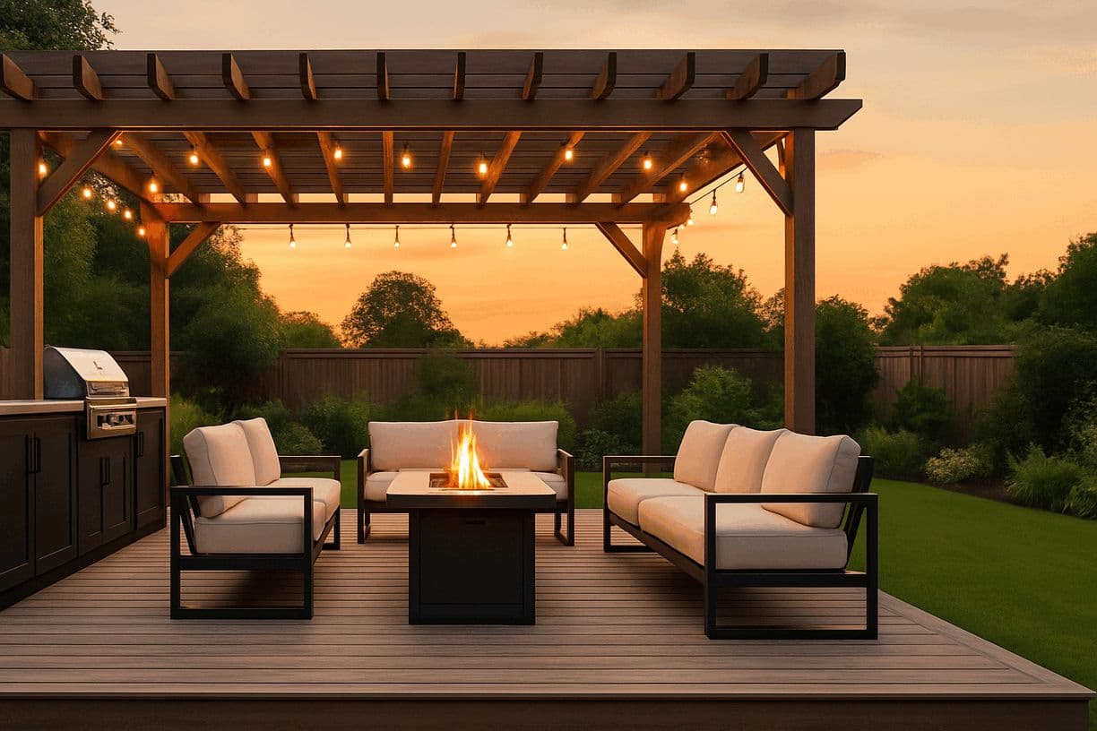 A beautifully crafted wooden deck and patio area in a Lehigh Valley backyard, perfect for outdoor entertaining, built by Conrad General Contracting.