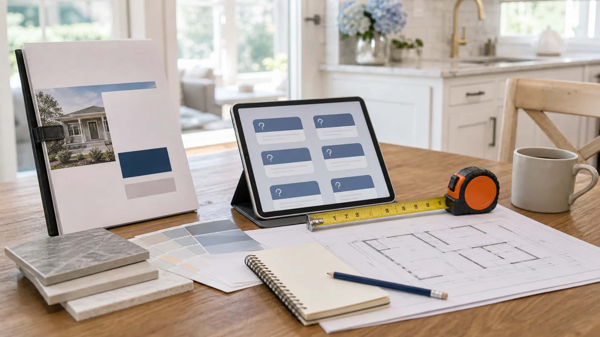 Construction planning materials arranged for frequently asked project questions.
