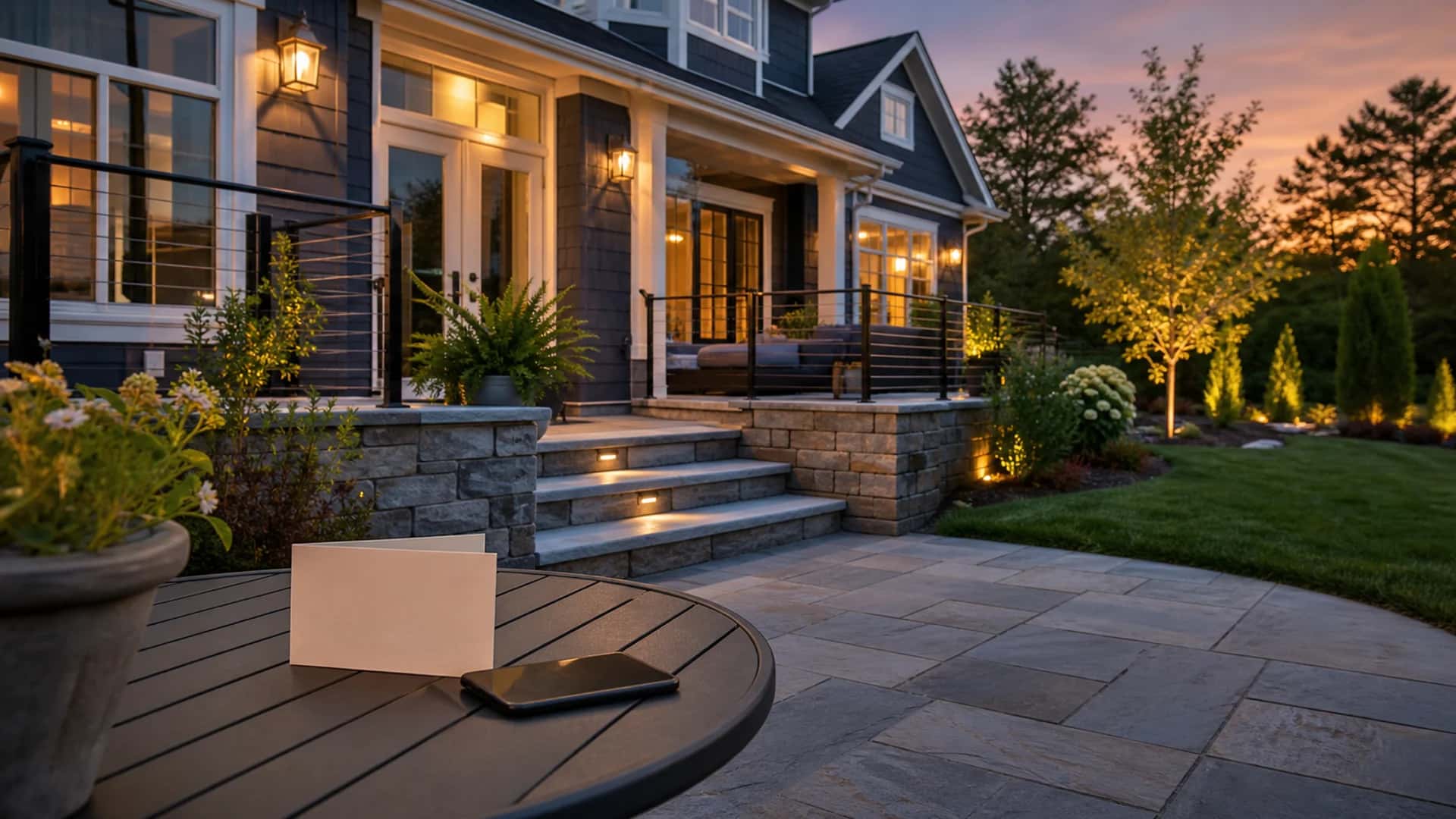 A completed residential outdoor living project at golden hour.