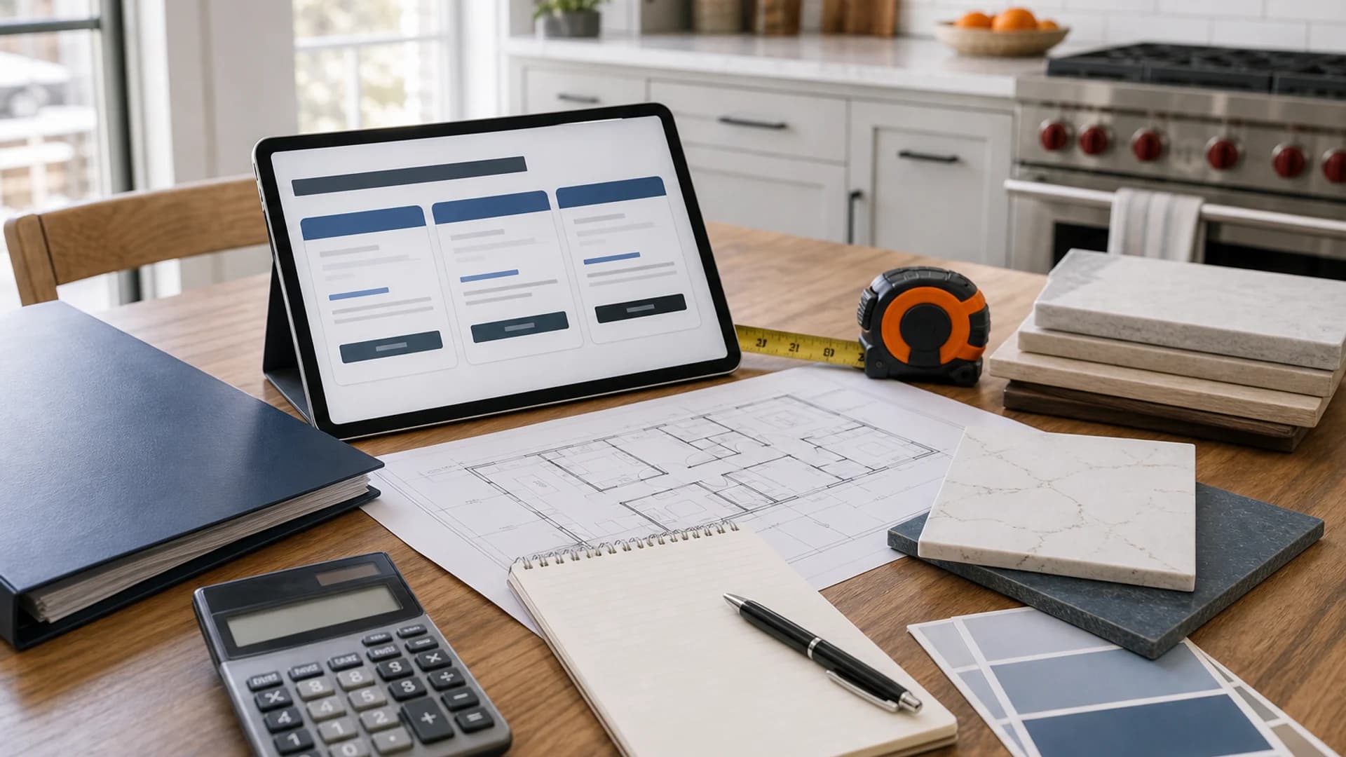 Construction financing planning materials with project plans, samples, and calculator