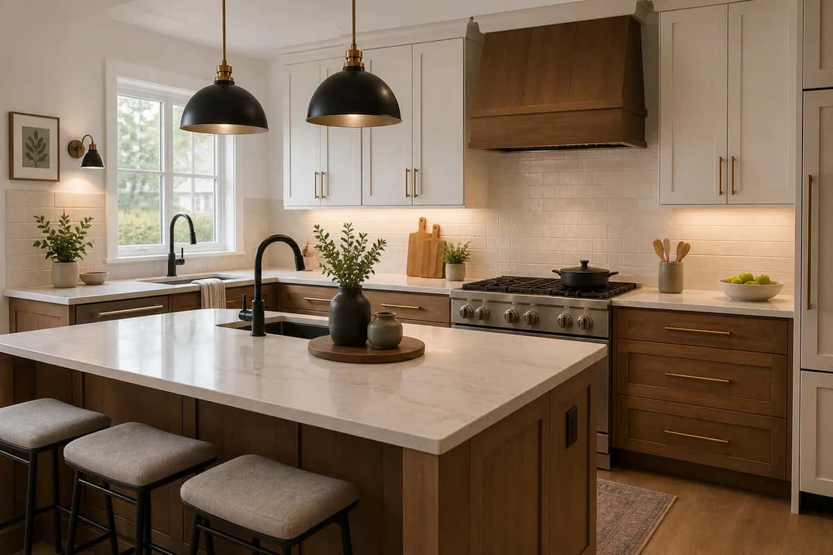 Warm kitchen remodel with wood cabinetry, quartz counters, pendant lighting, and a practical family-home layout.